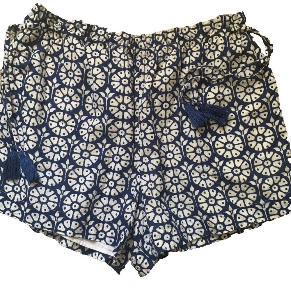 ROLLER RABBIT Target Navy Blue Shorts XL Pockets Elastic Waist Cotton Fringe